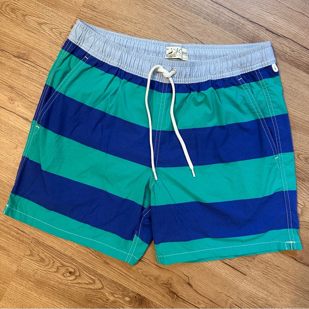 J. Crew 6'' stretch swim trunk in blue and green rugby stripe Size M